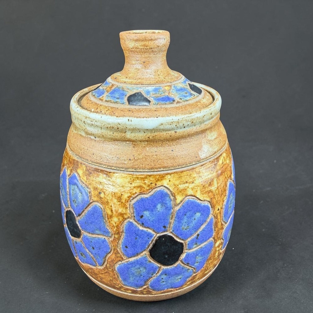 MSpring 1996 Studio Pottery Lidded Jar Blue Floral Salt Glaze Stoneware Canister